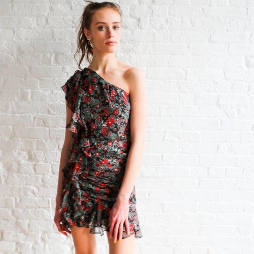 NWT Veronica Beard Ruched Floral Ruffled One Shoulder Mini Dress - Picture 4 of 14